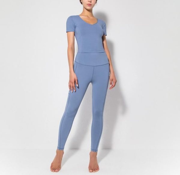Dark Blue V-neck Pocket Cropped Trousers Short-sleeved Trousers High-elastic Sports Suit - Image 2