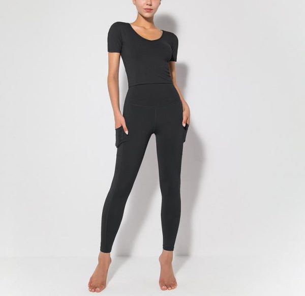 Dark Blue V-neck Pocket Cropped Trousers Short-sleeved Trousers High-elastic Sports Suit - Image 3