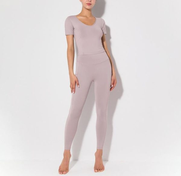 Dark Blue V-neck Pocket Cropped Trousers Short-sleeved Trousers High-elastic Sports Suit