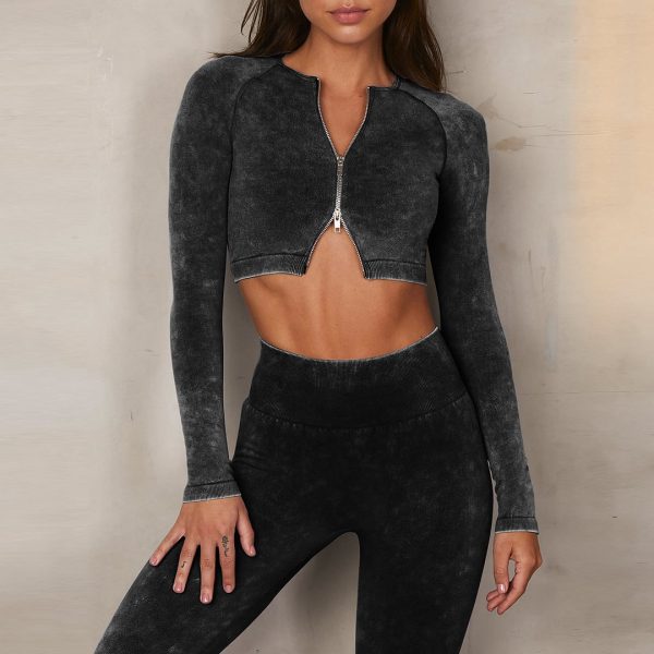 Blue Sand Washed Denim-like Seamless Knitted Yoga Wear Sports Fitness 2-piece set