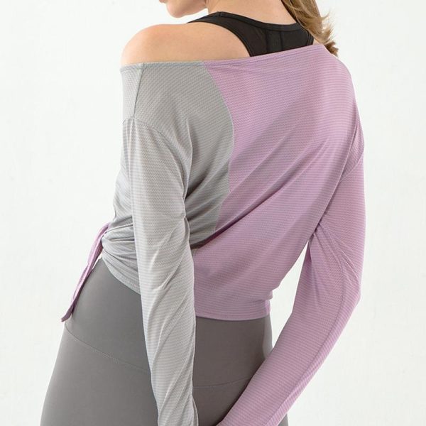 Breathable Off-the-shoulder Sports Contrast Stitching Yoga Long Sleeves - Image 5