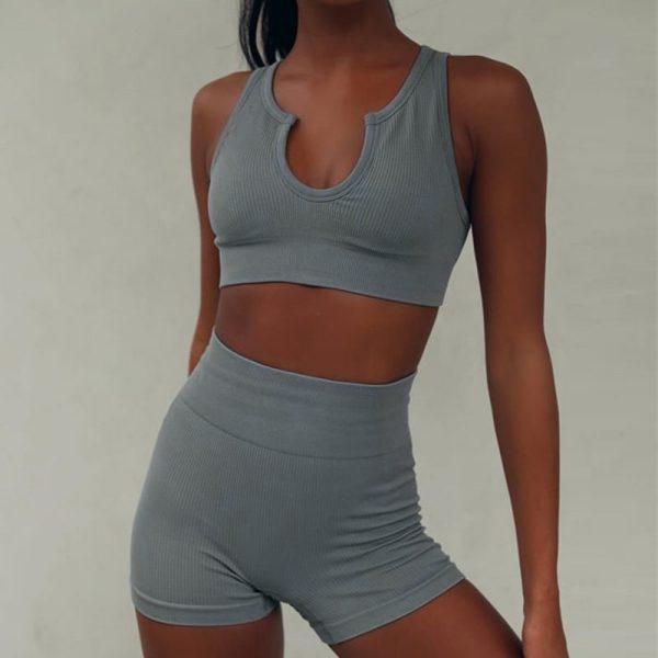 Brown U Neck Seamless Knitted Sexy Sports Short-sleeved Shorts Yoga Wear Fitness Suit - Image 2
