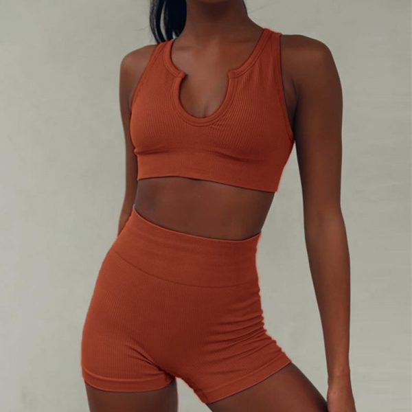 Brown U Neck Seamless Knitted Sexy Sports Short-sleeved Shorts Yoga Wear Fitness Suit - Image 4